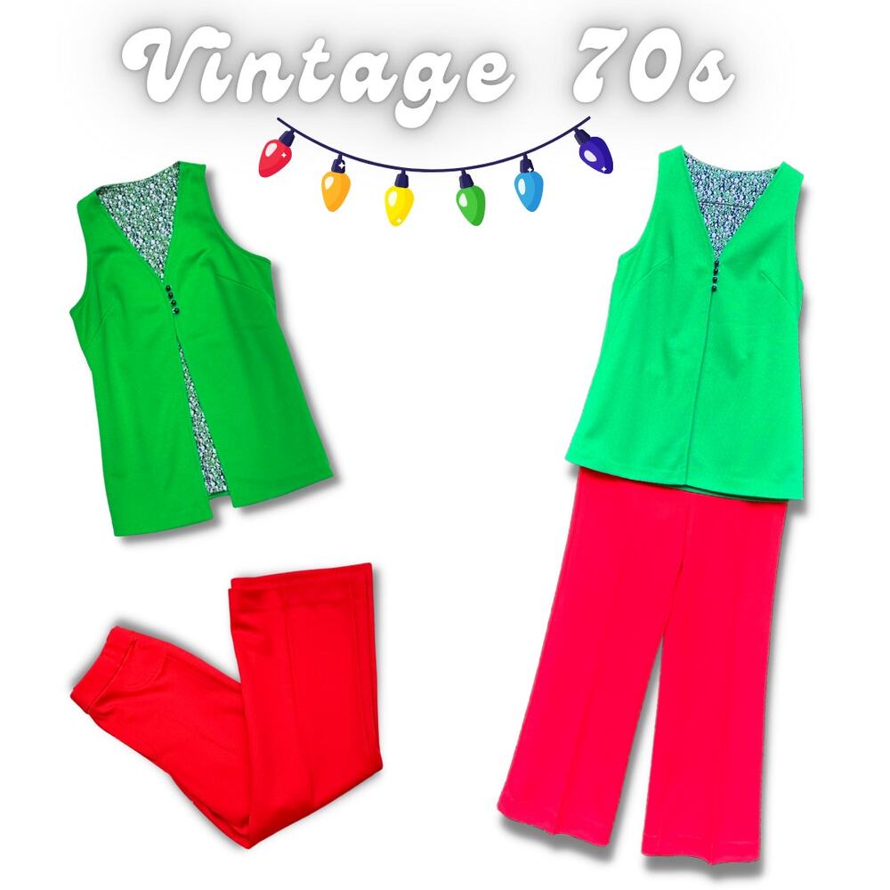 Vintage 70s UglySweater Christmas Party Alt Vest Red Pants Kitsch Groovy Novelty